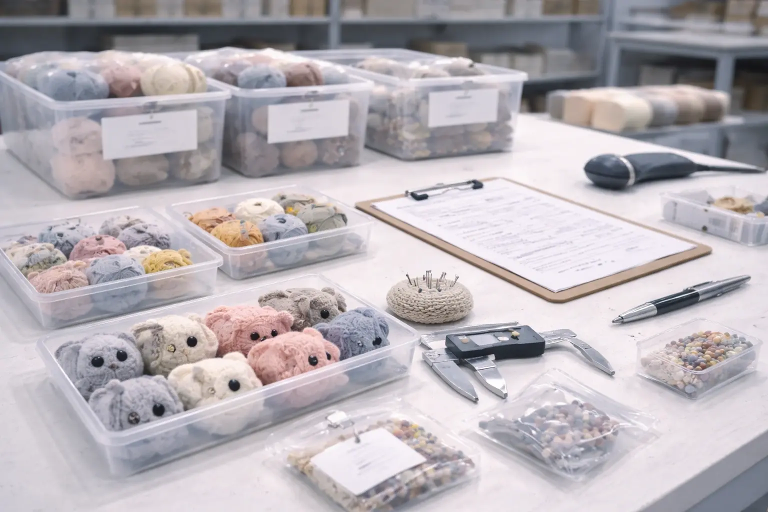 In-line quality checkpoints during crochet kit production and assembly