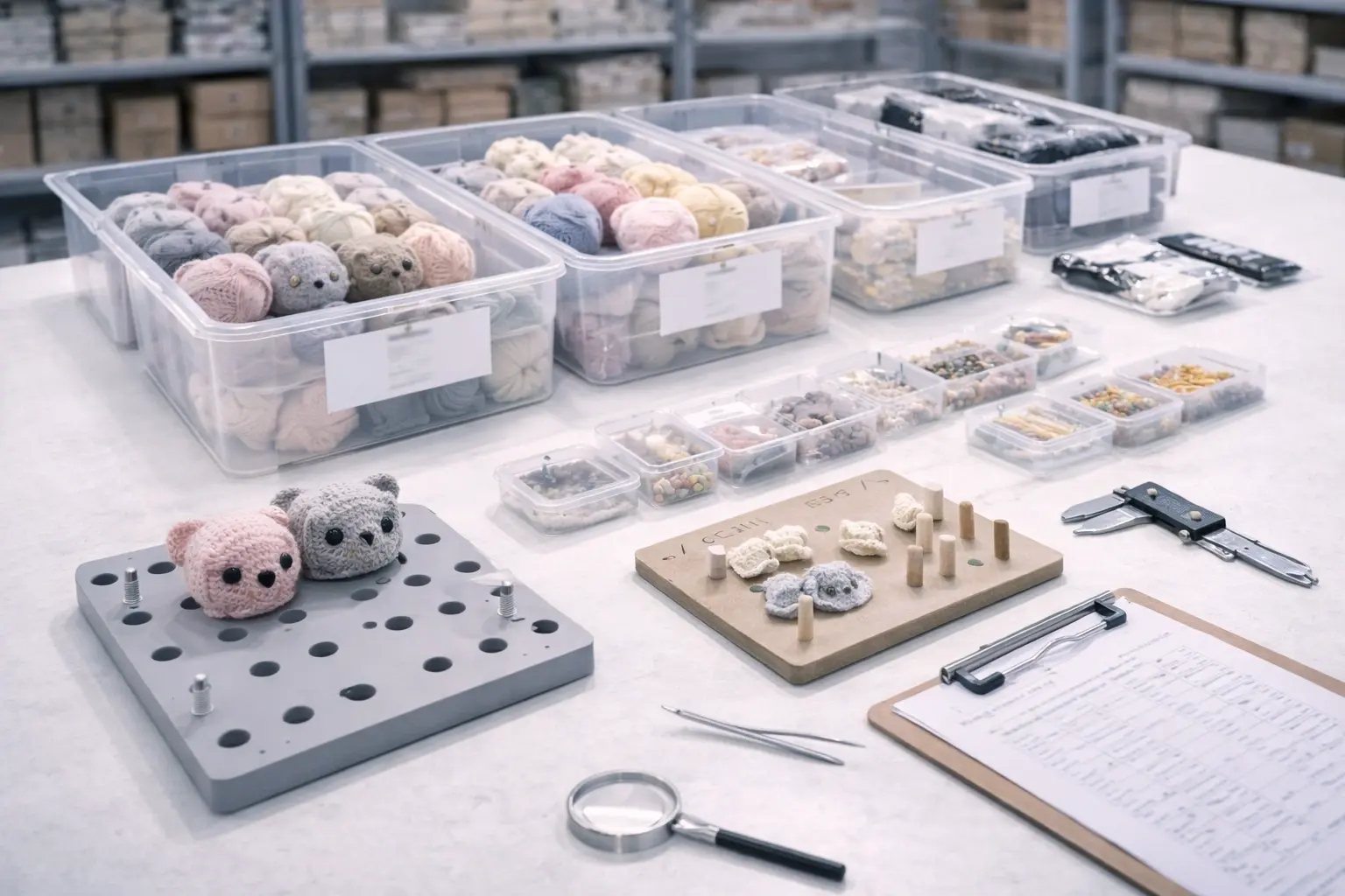 Standardized workstation for crochet kit assembly and process control