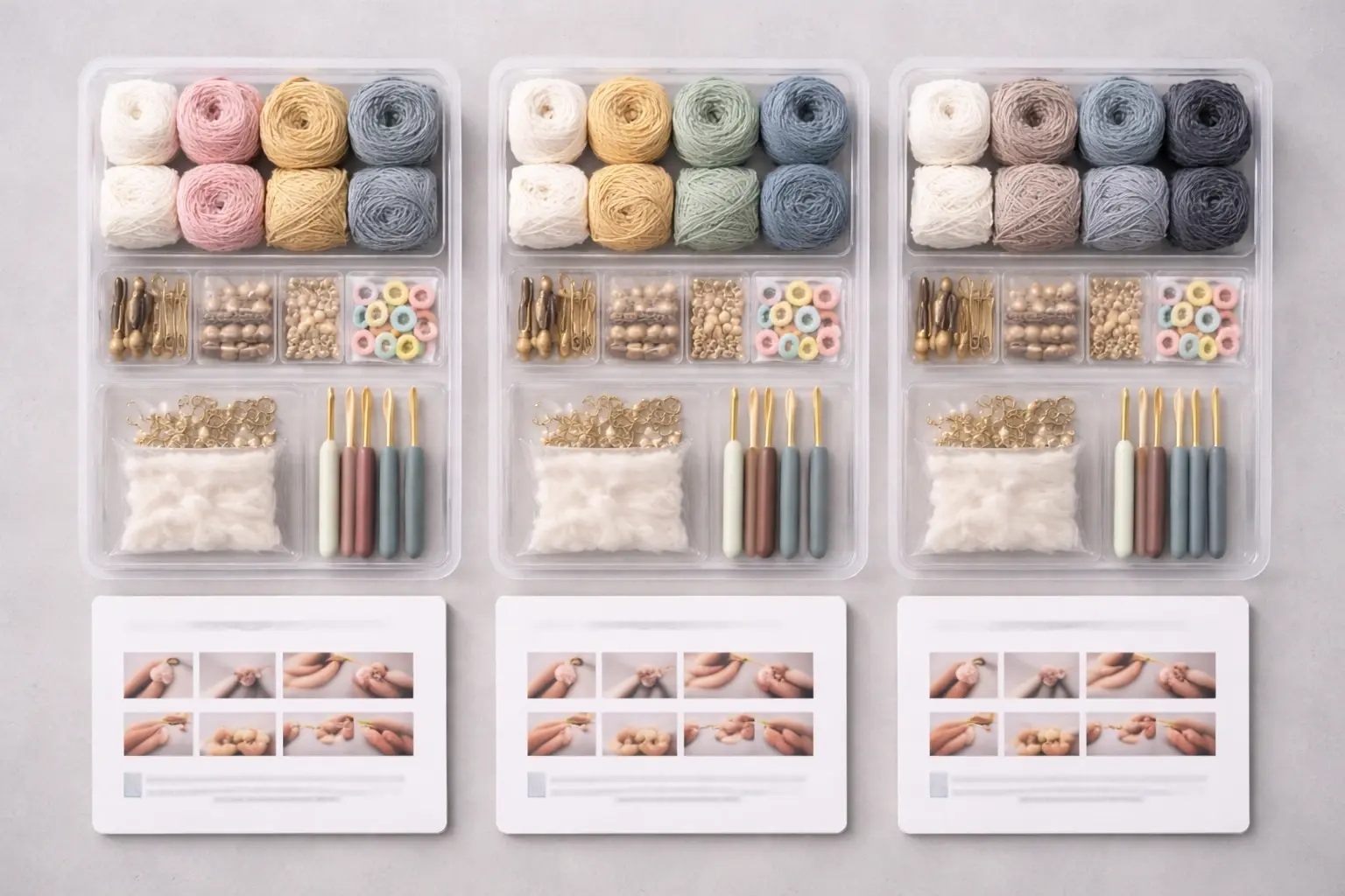 standardized crochet kit components arranged in a controlled assembly layout