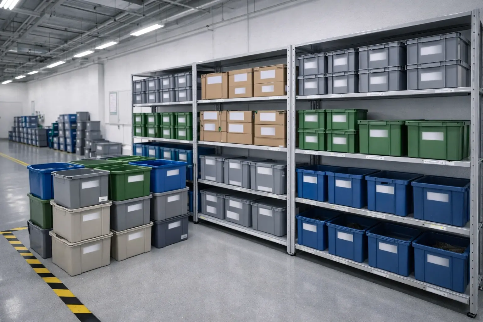 Organized warehouse with clearly zoned storage supporting efficient and responsible material management