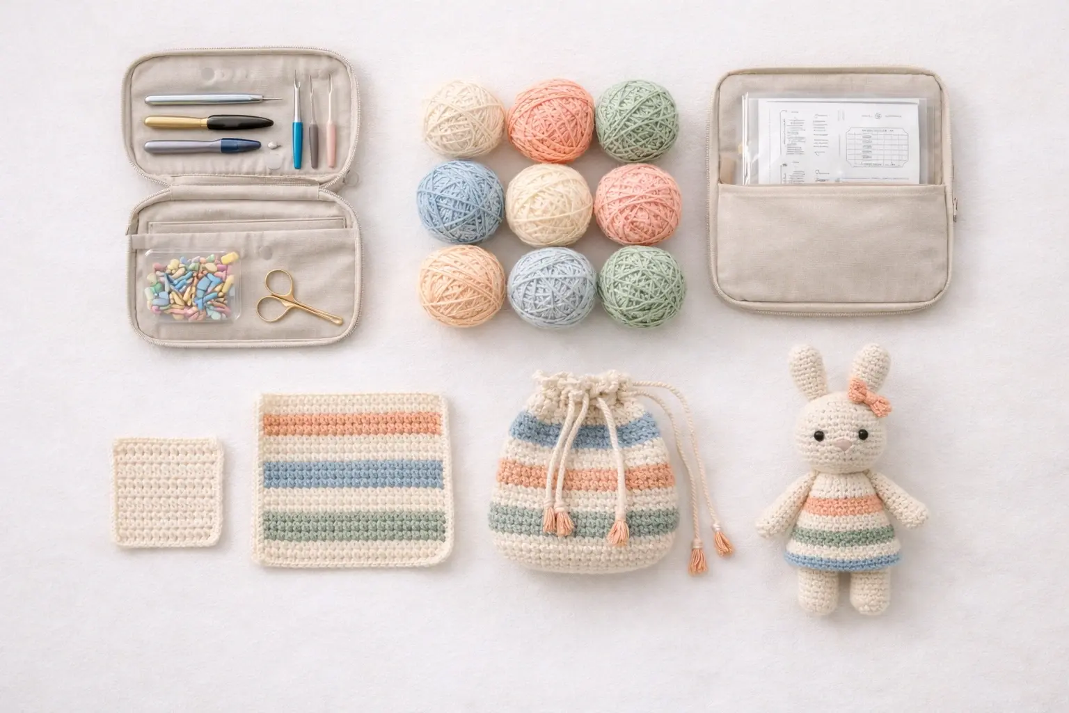 Educational crochet classroom materials flat lay