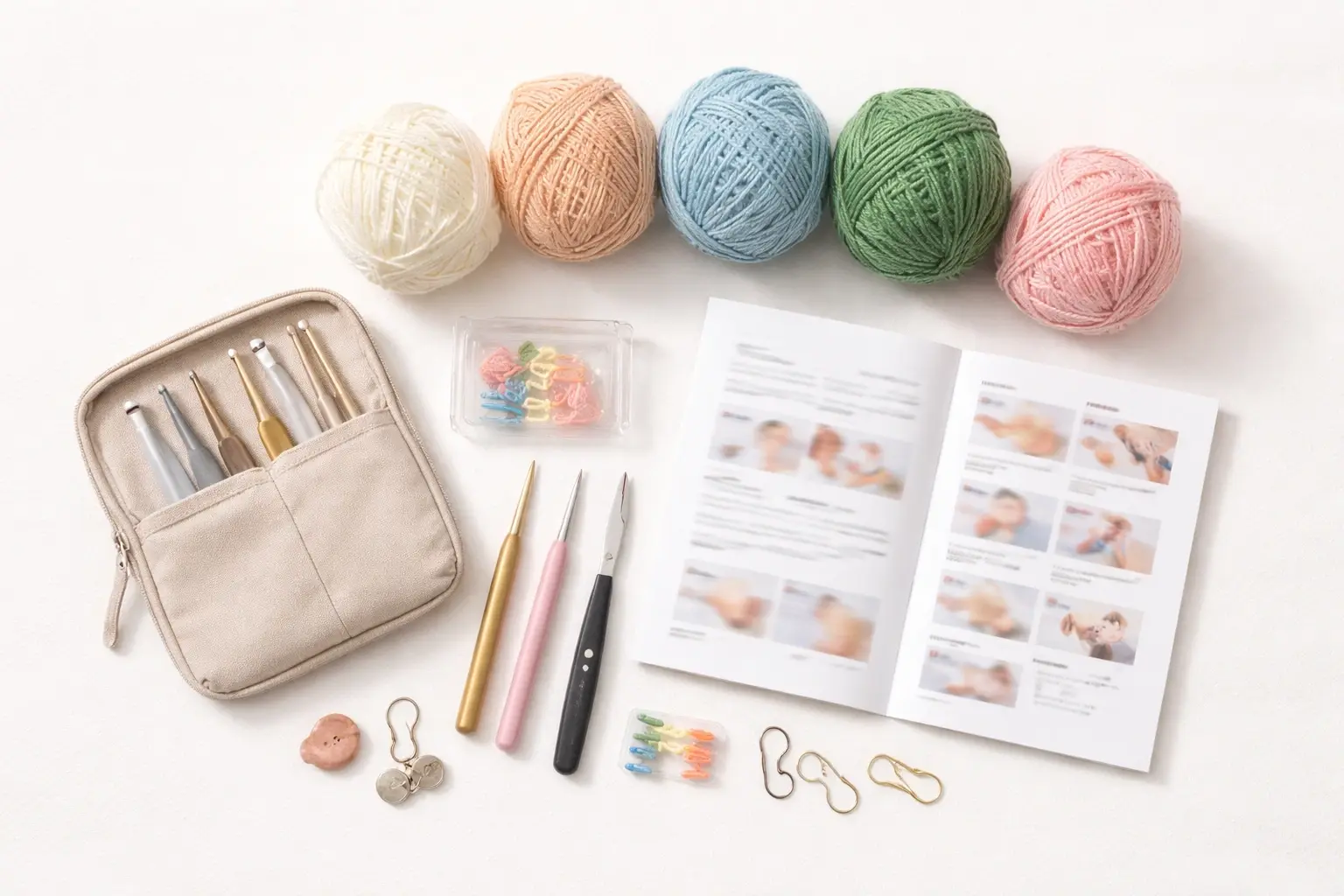 Educational crochet classroom kit flat lay with teaching materials
