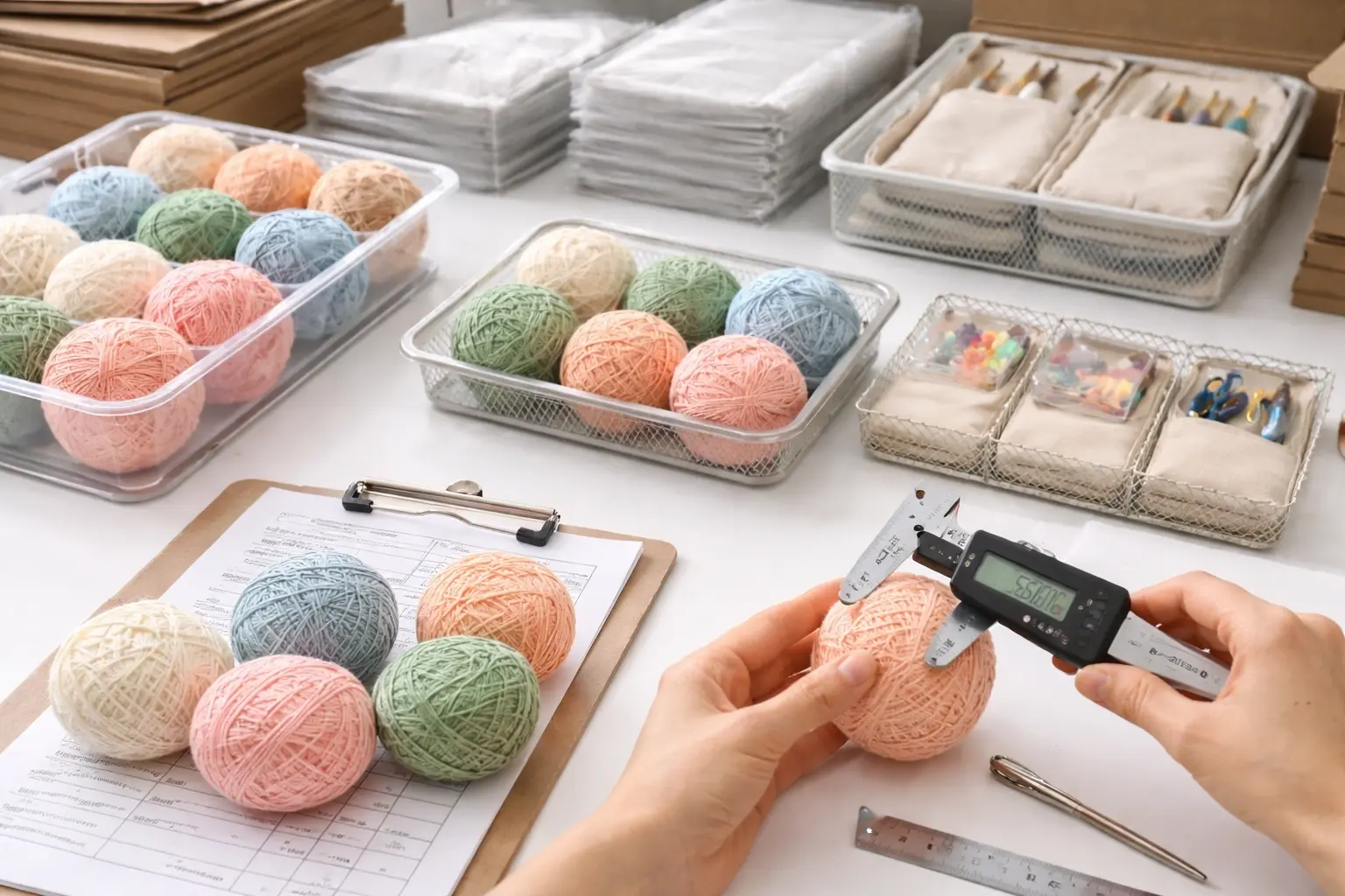 Quality inspection and classroom kit preparation for educational crochet programs