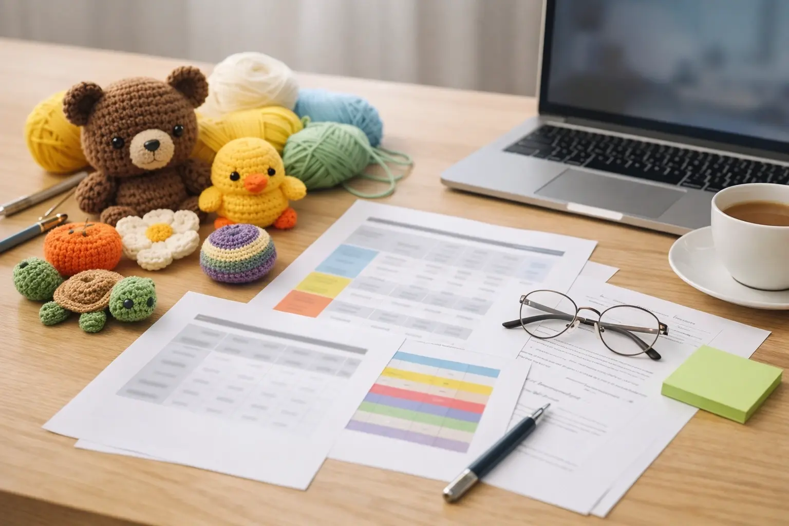 Educational crochet program consultation materials and planning scene