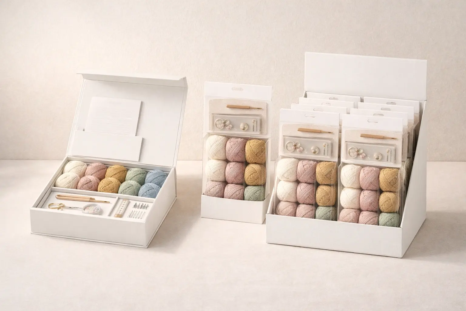 Retail-ready crochet gift kit packaging including gift box, hanging pack, and CDU display formats