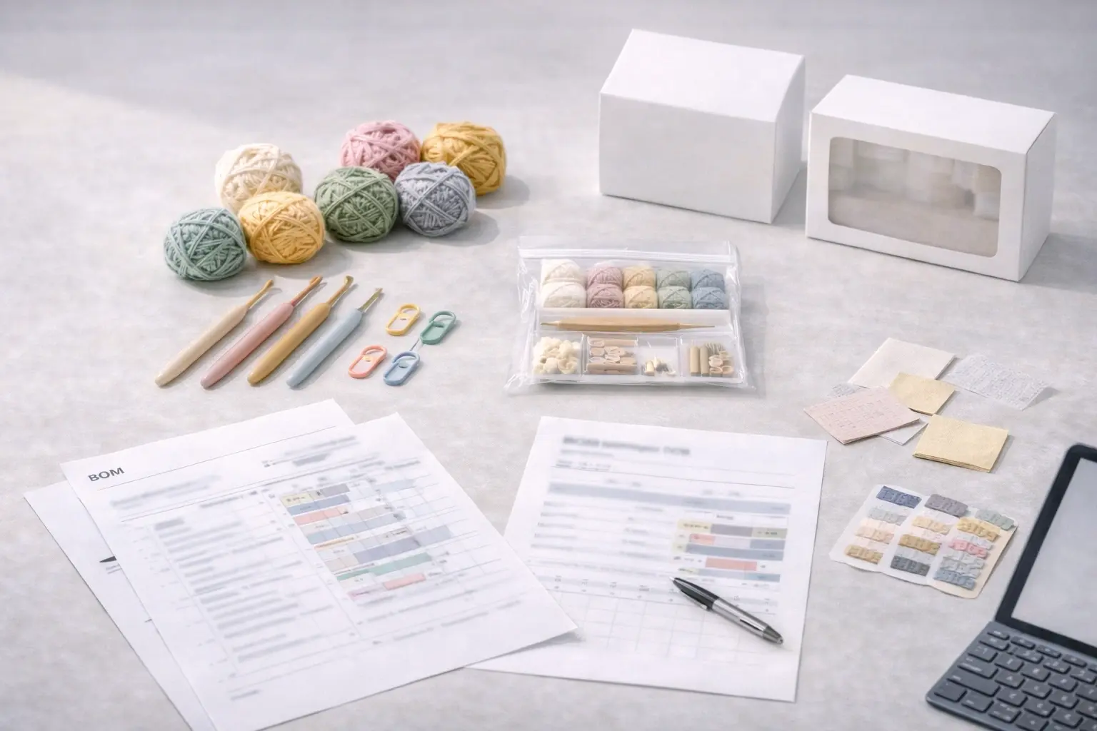 MOQ planning and production planning table with crochet kit BOM sheets and components