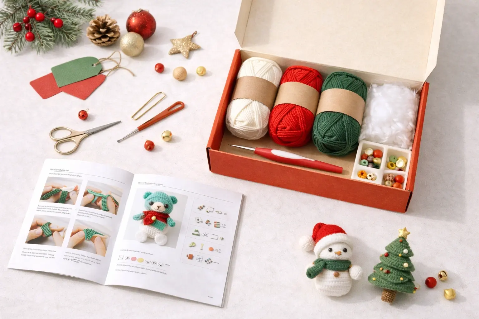 Seasonal crochet kit with gift-ready packaging