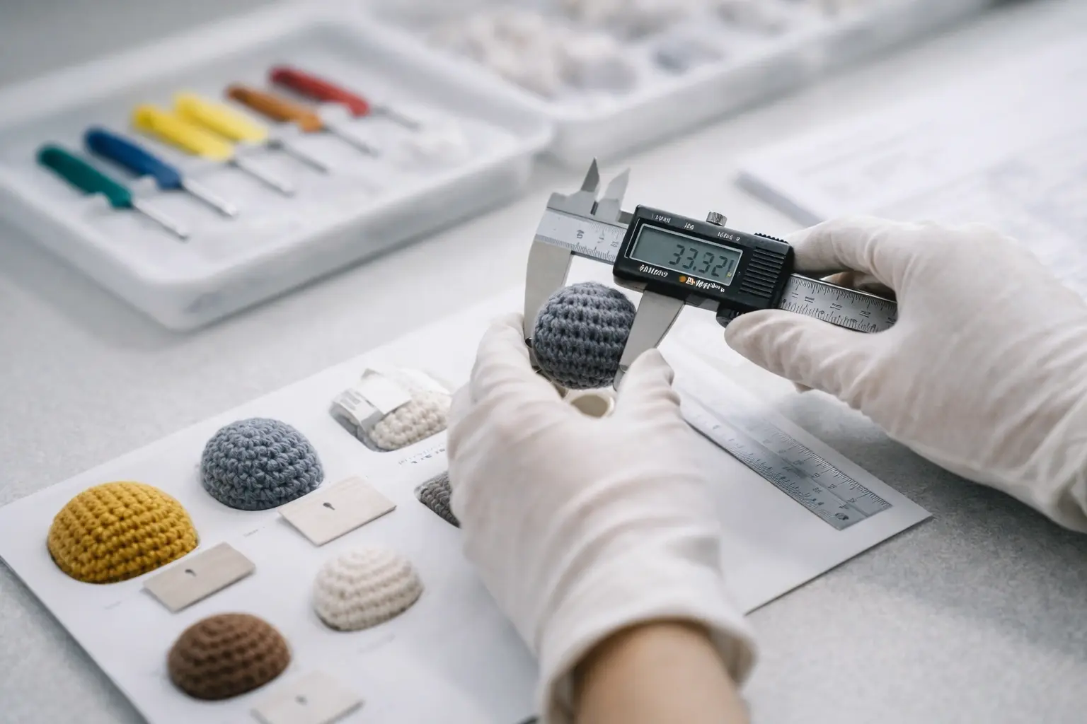 In-process control inspection during crochet kit manufacturing