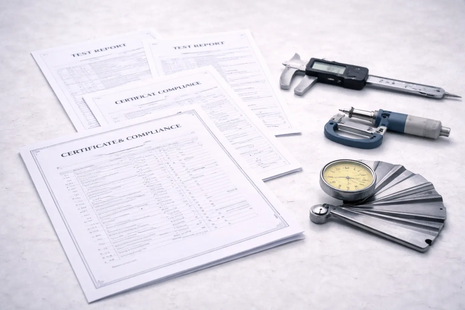 Redacted lab testing report and inspection tools arranged in a clean, professional setting