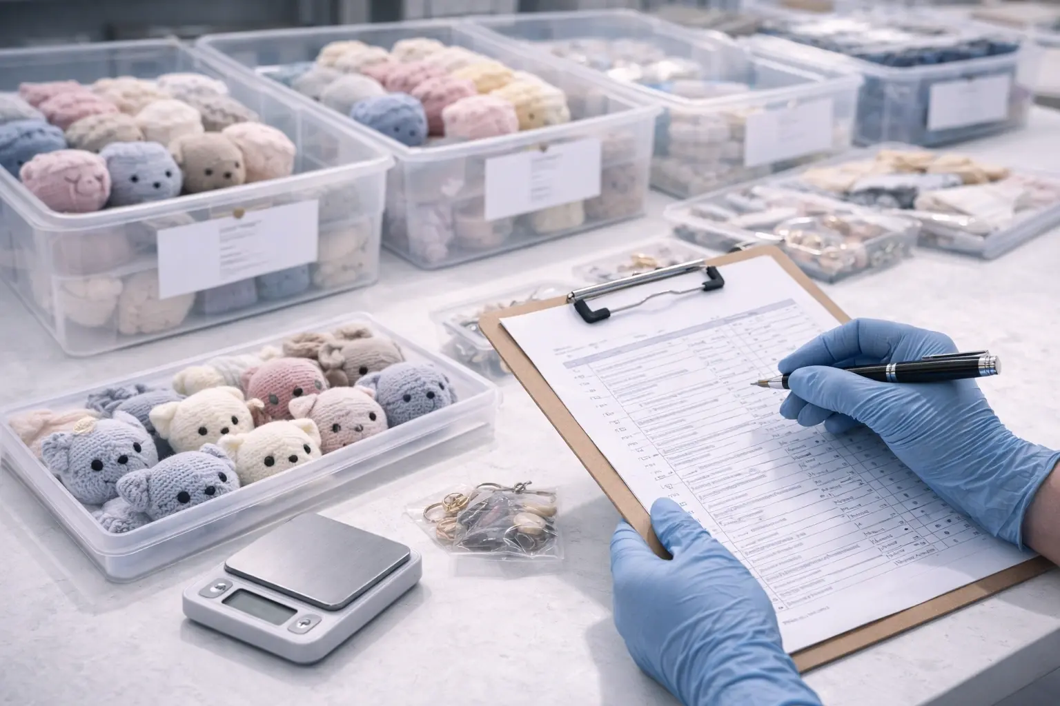 Gloved hands performing in-process inspection for crochet kit components in a clean environment