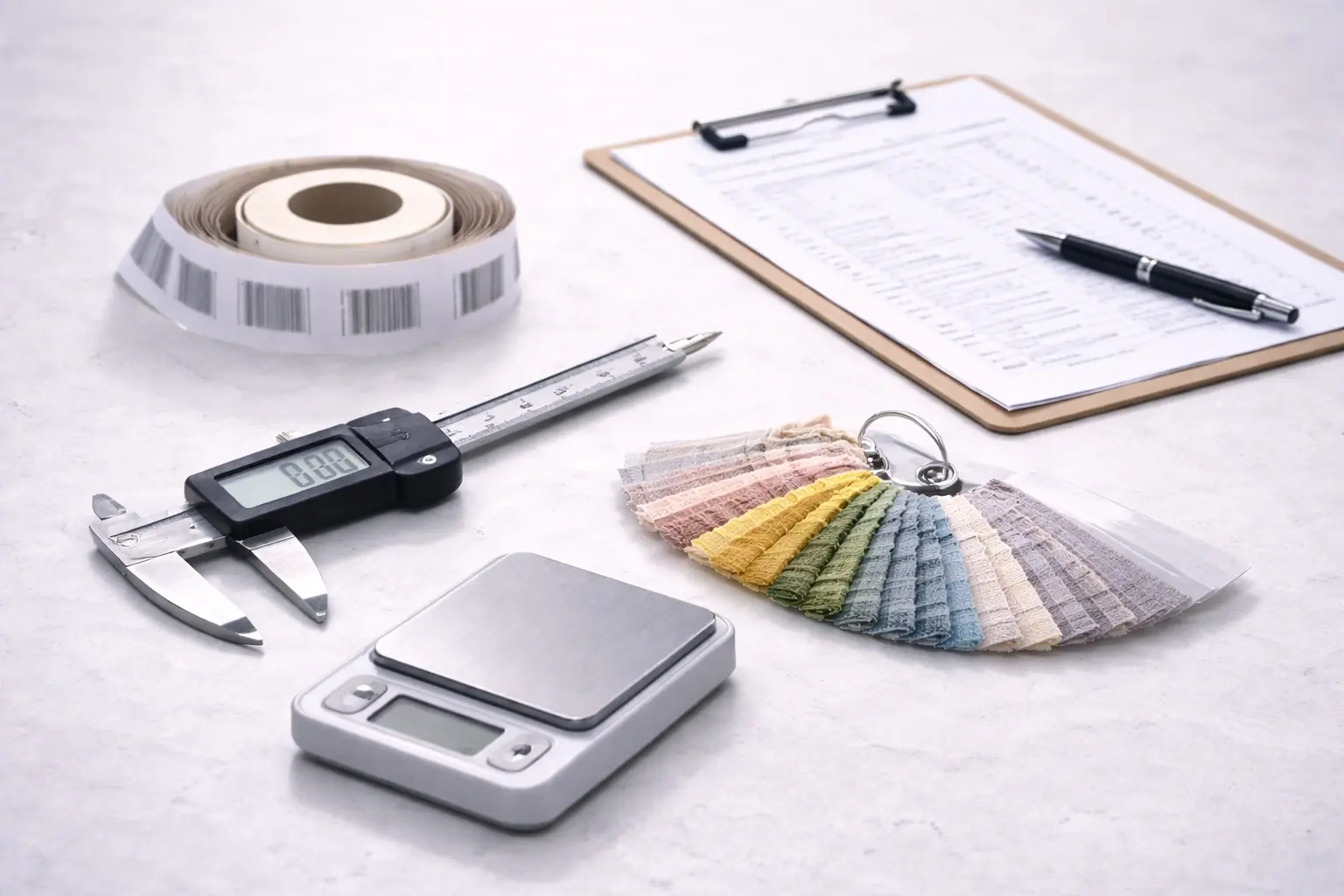 Close-up of quality inspection tools on a clean workstation for crochet kit manufacturing