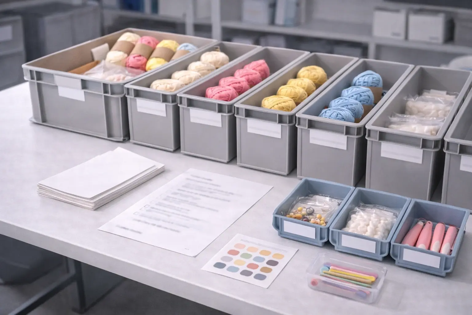 Standardized licensed crochet kit pack-out workstation