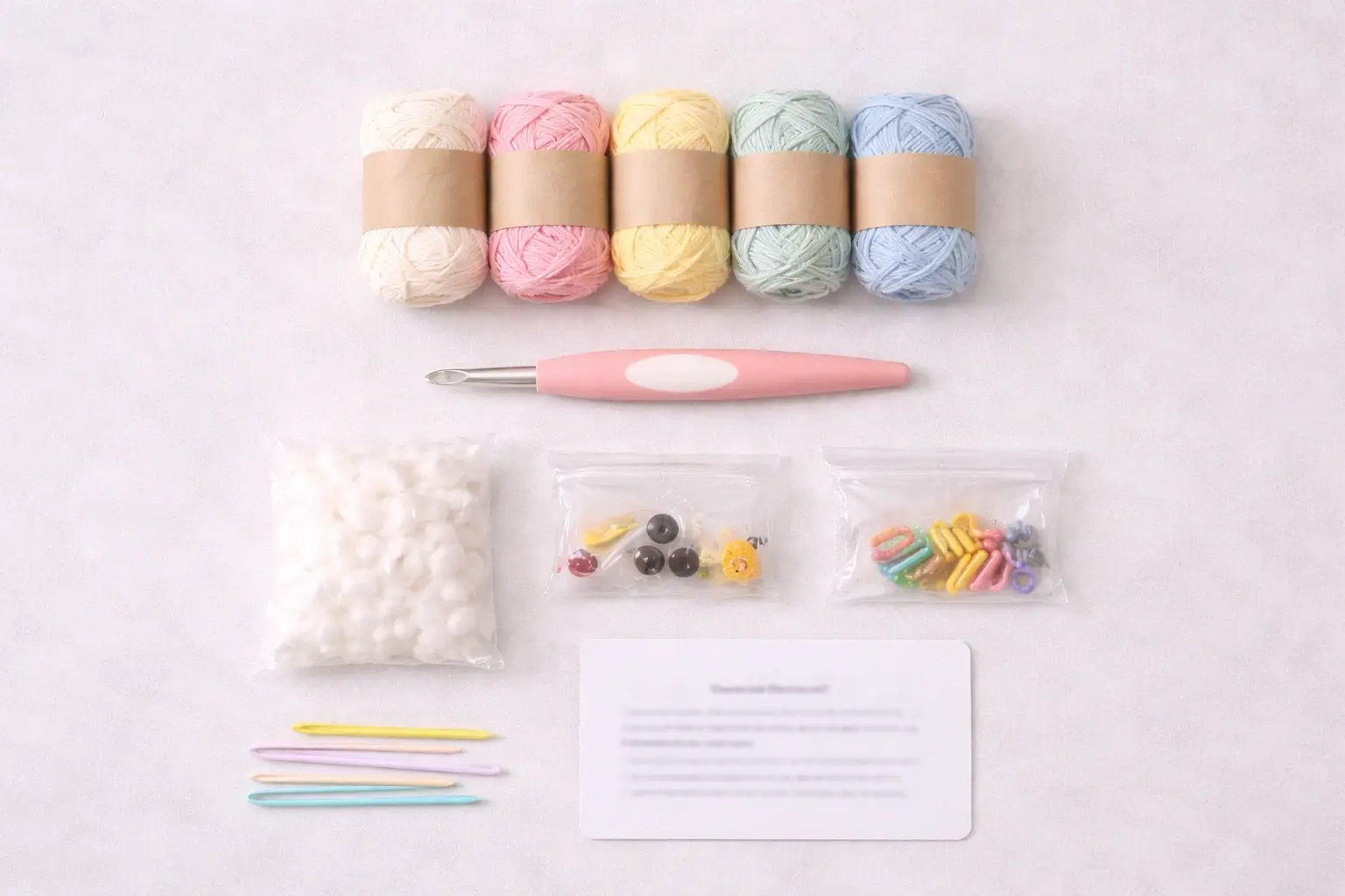 Licensed crochet kit BOM and standardized components flat lay