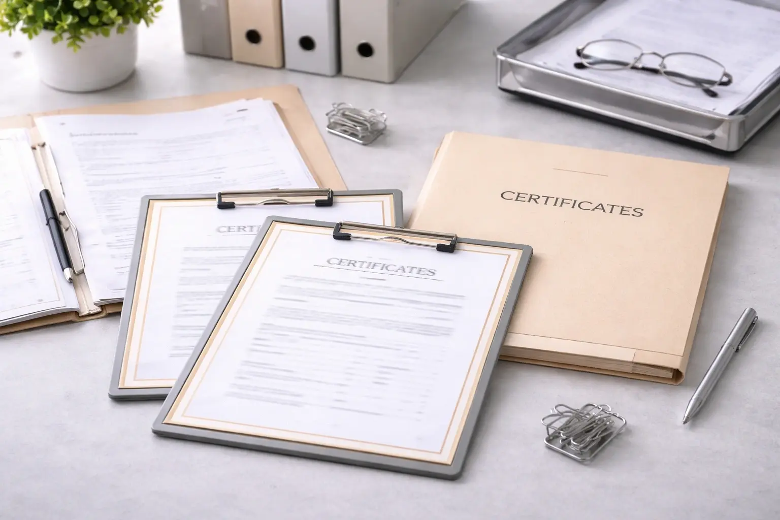Certification documents and folders on a clean desk with blurred text