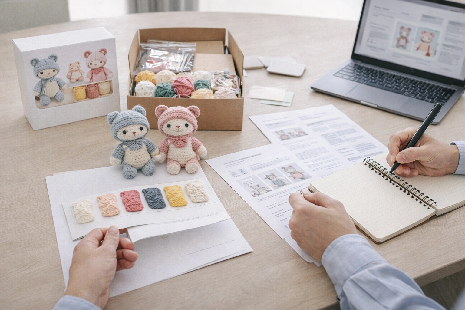 Kids crochet kit buyer inquiry and planning scene