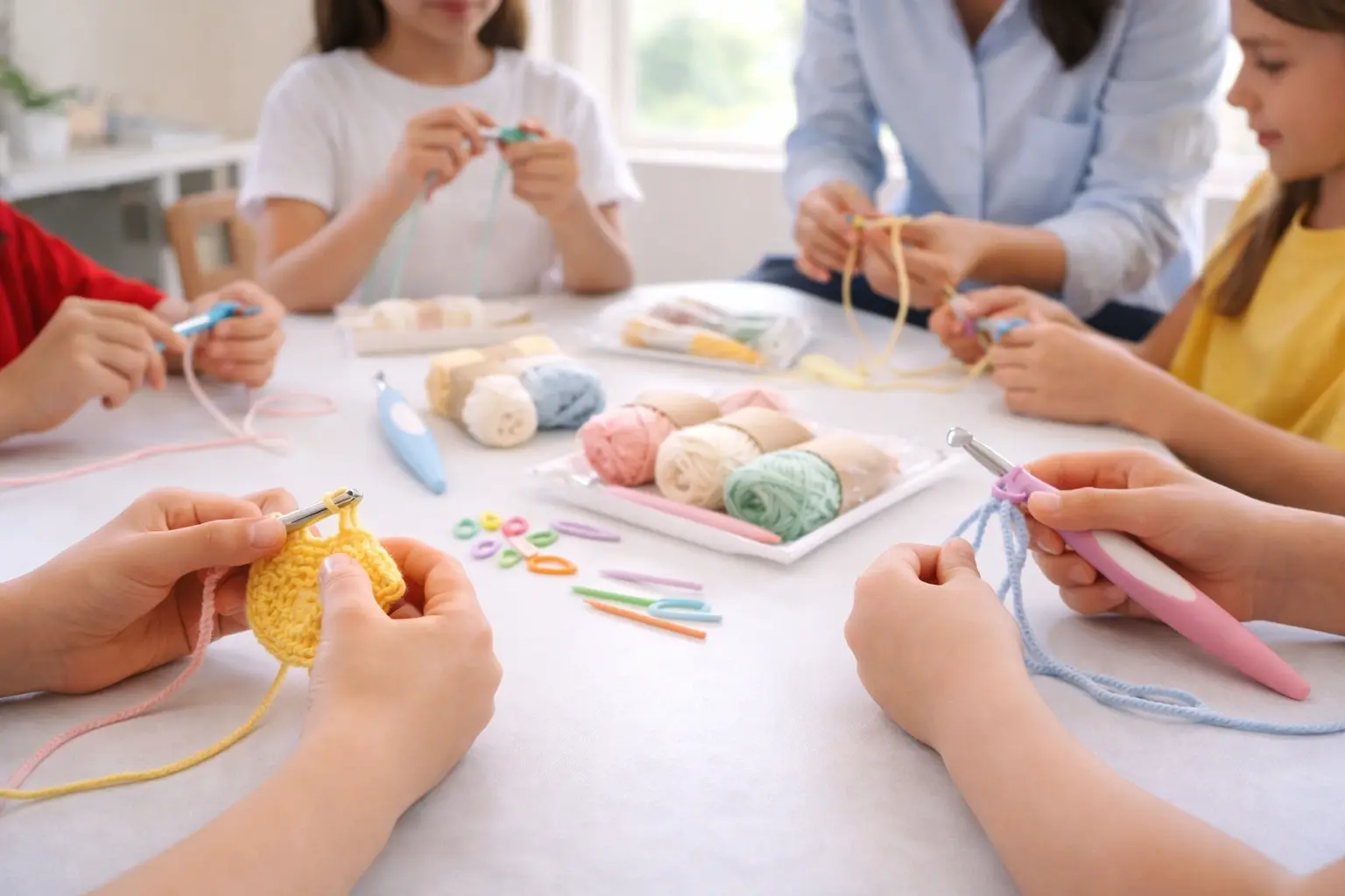 Kids crochet classroom educational scene