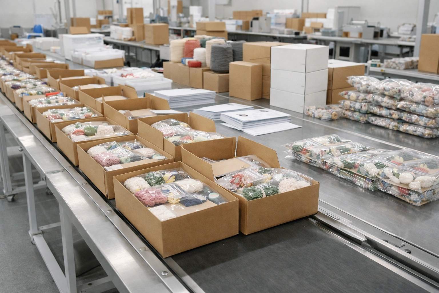 Kids crochet kit production and packaging line in a clean factory environment