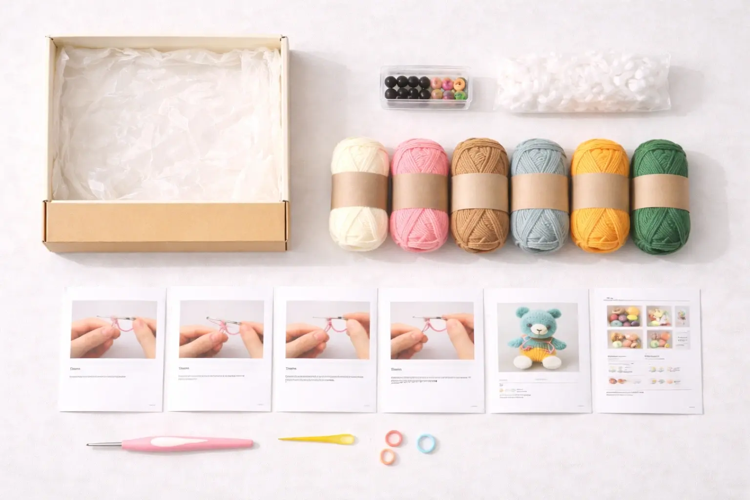 DIY crochet kit components breakdown including yarn, tools, instructions, and finishing materials