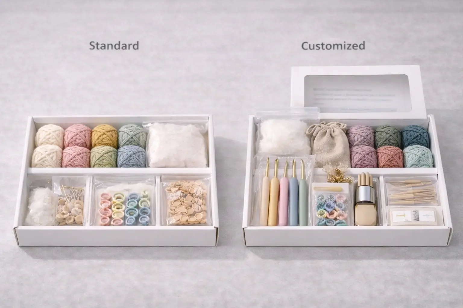 Standard versus custom crochet kit comparison affecting MOQ