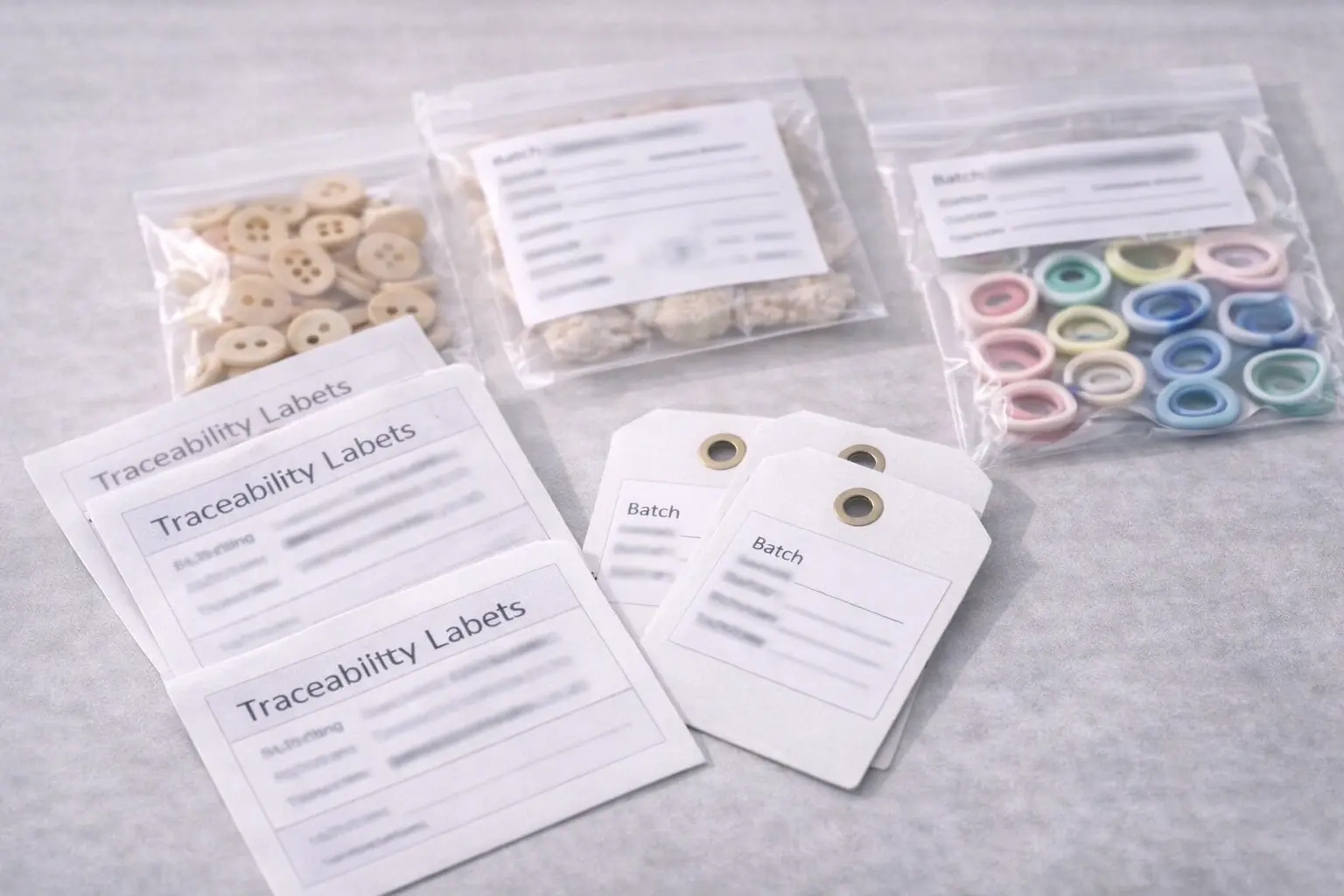Traceability labels and batch control tags for crochet kit manufacturing