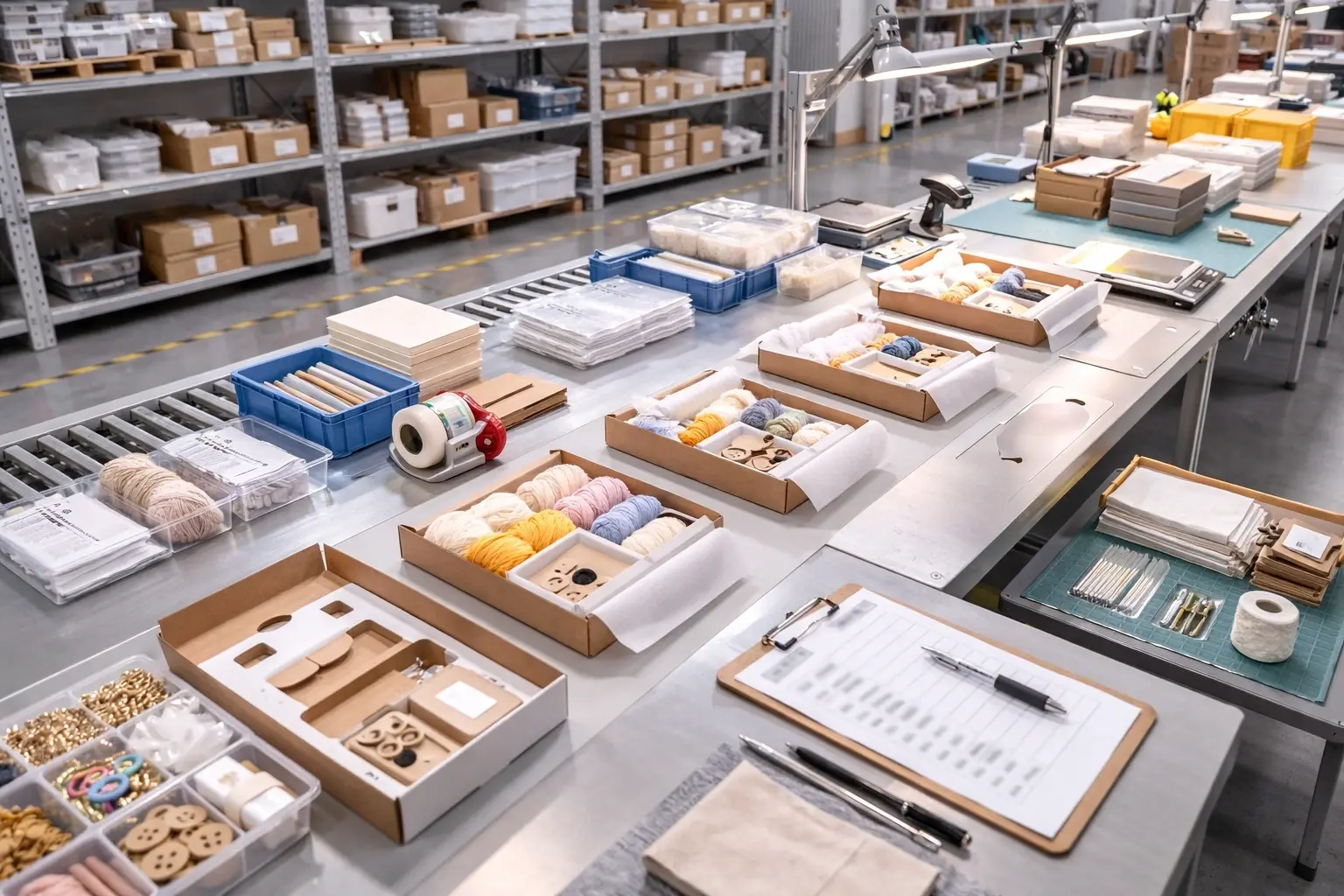 Retail-ready kitting and pack-out line for crochet kits