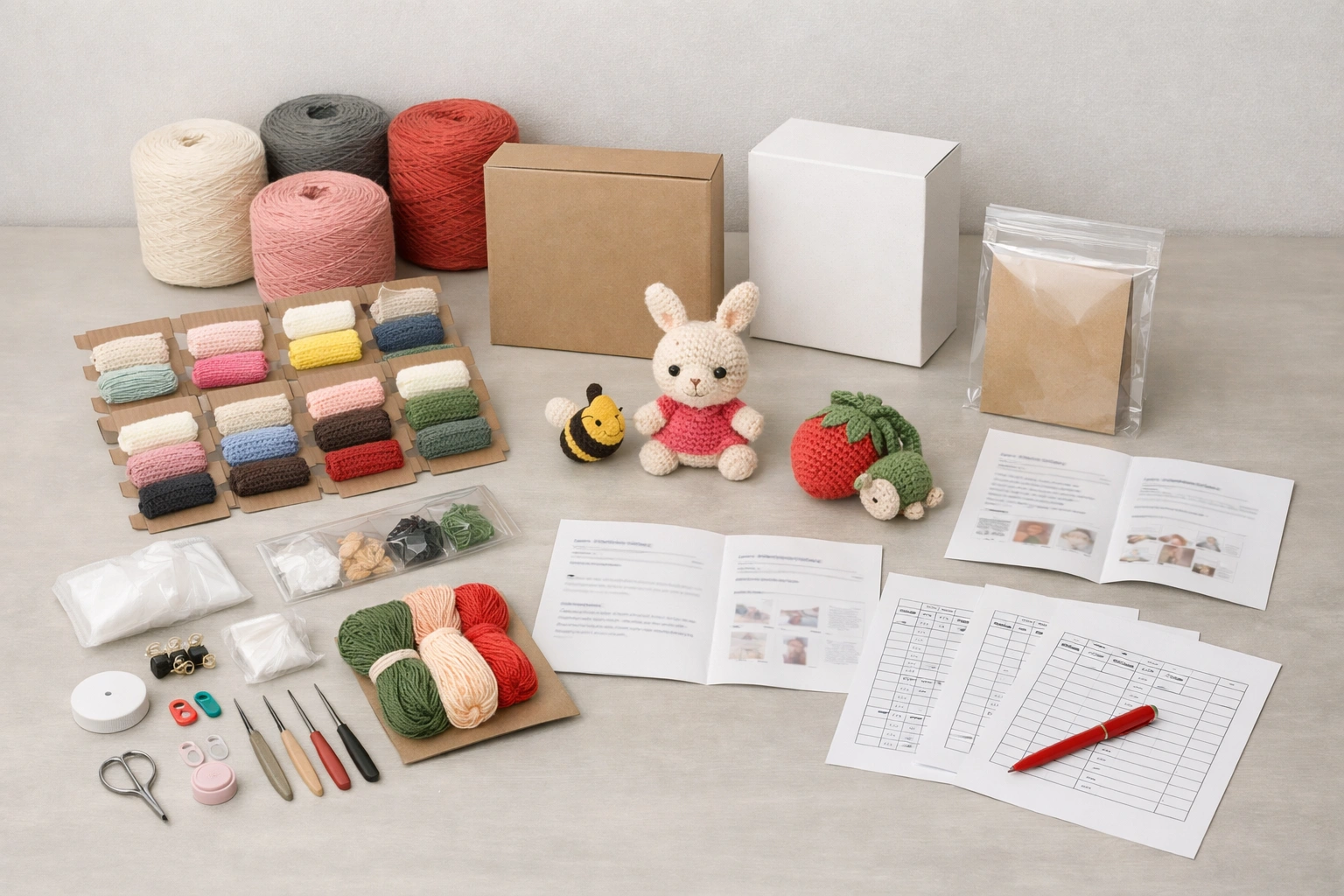 OEM ODM crochet kit manufacturing development with kit components packaging mockups and documentation