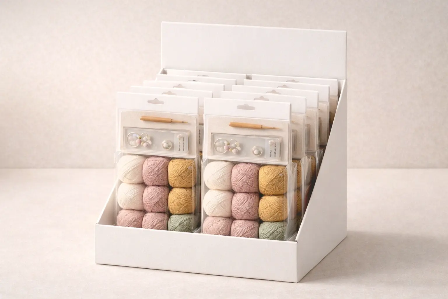 Counter display unit for retail crochet kits arranged for checkout merchandising