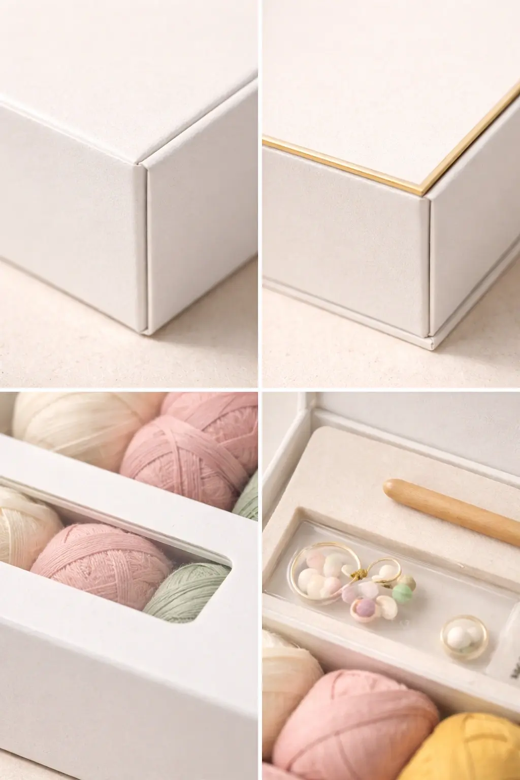 Retail crochet kit packaging detail showing materials, finish, and window construction