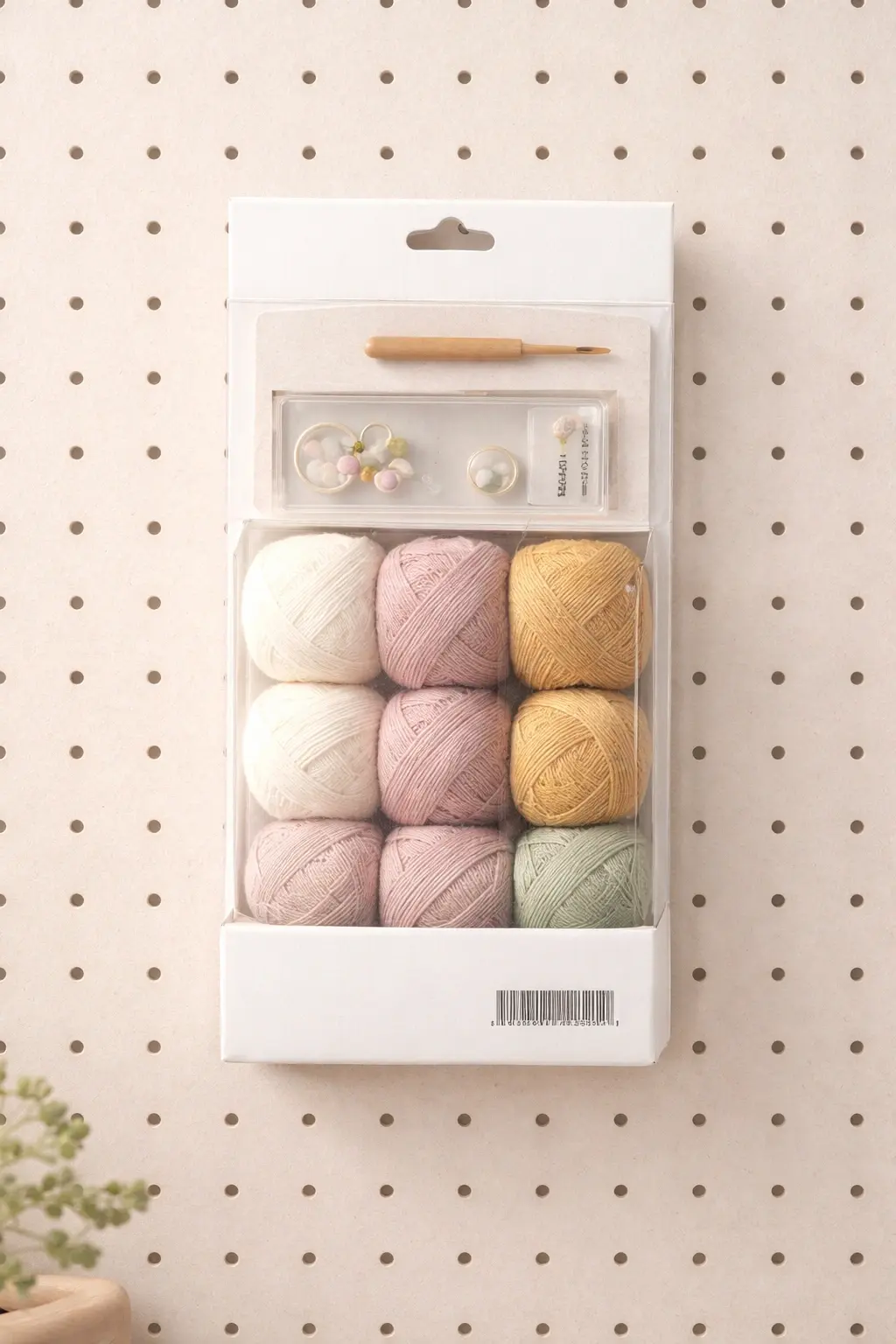 Retail hanging crochet kit pack for pegboard and shelf merchandising