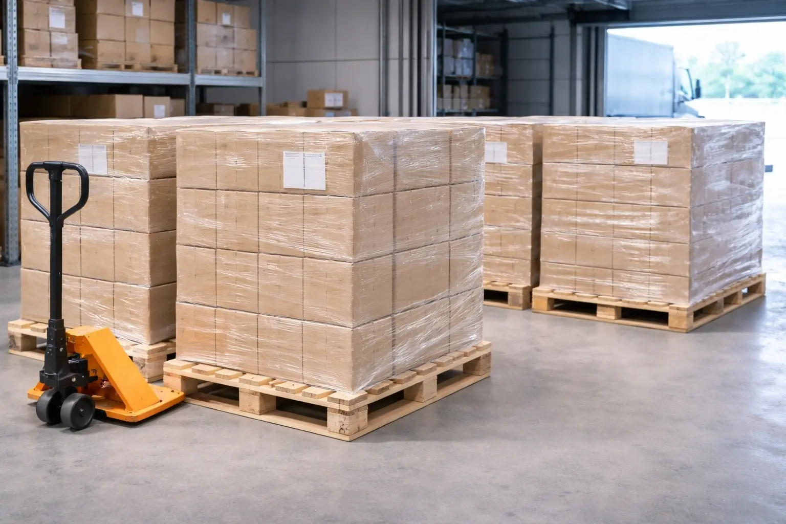 Export cartons on pallets prepared for crochet kit shipment