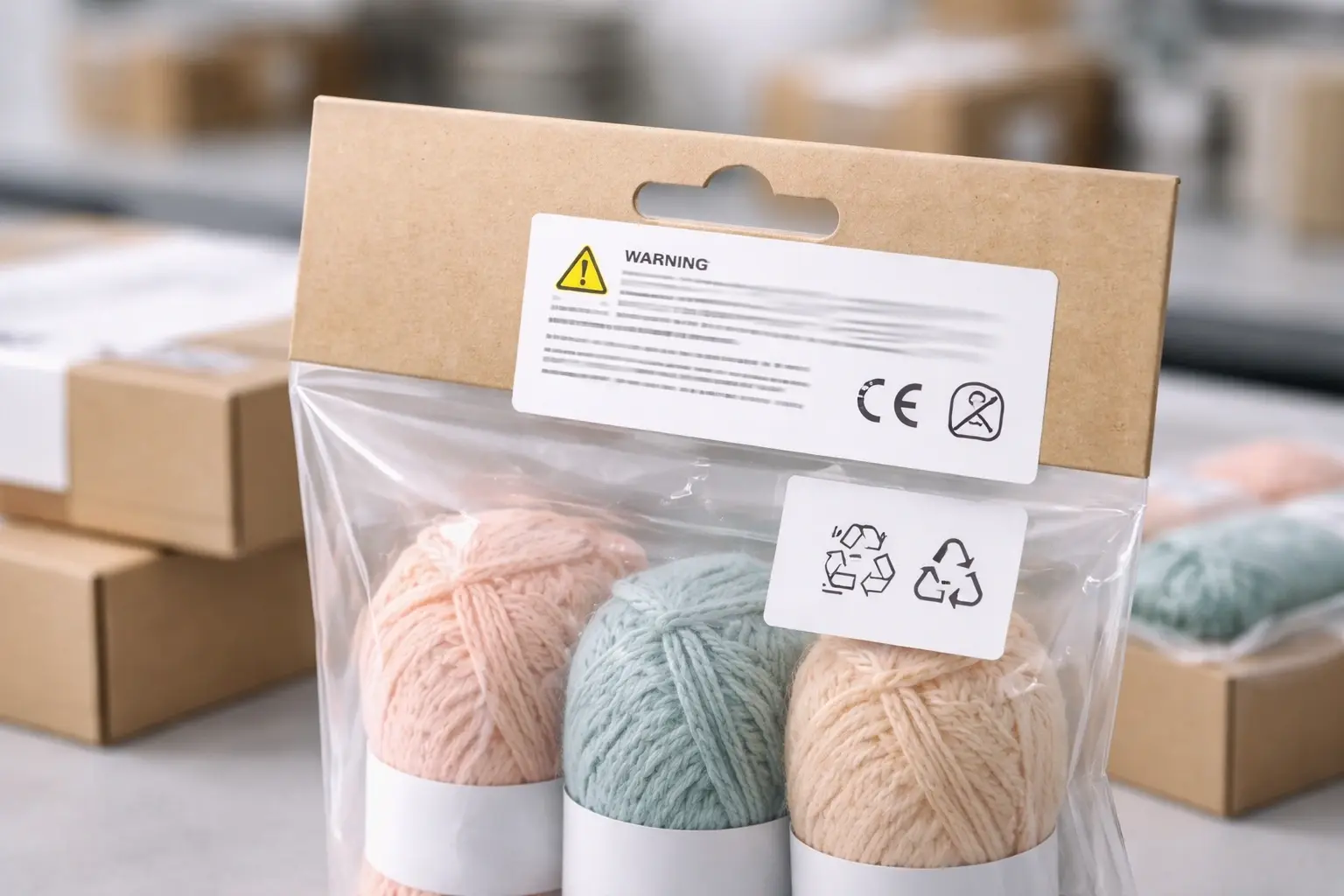 Close-up of product safety labels and compliance tags on packaging with blurred text