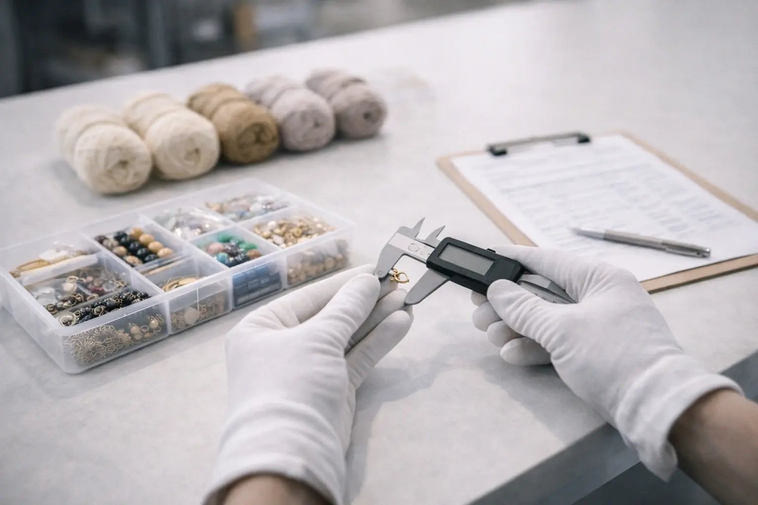 Quality inspection action with measuring tools, kit components, and workbench documentation