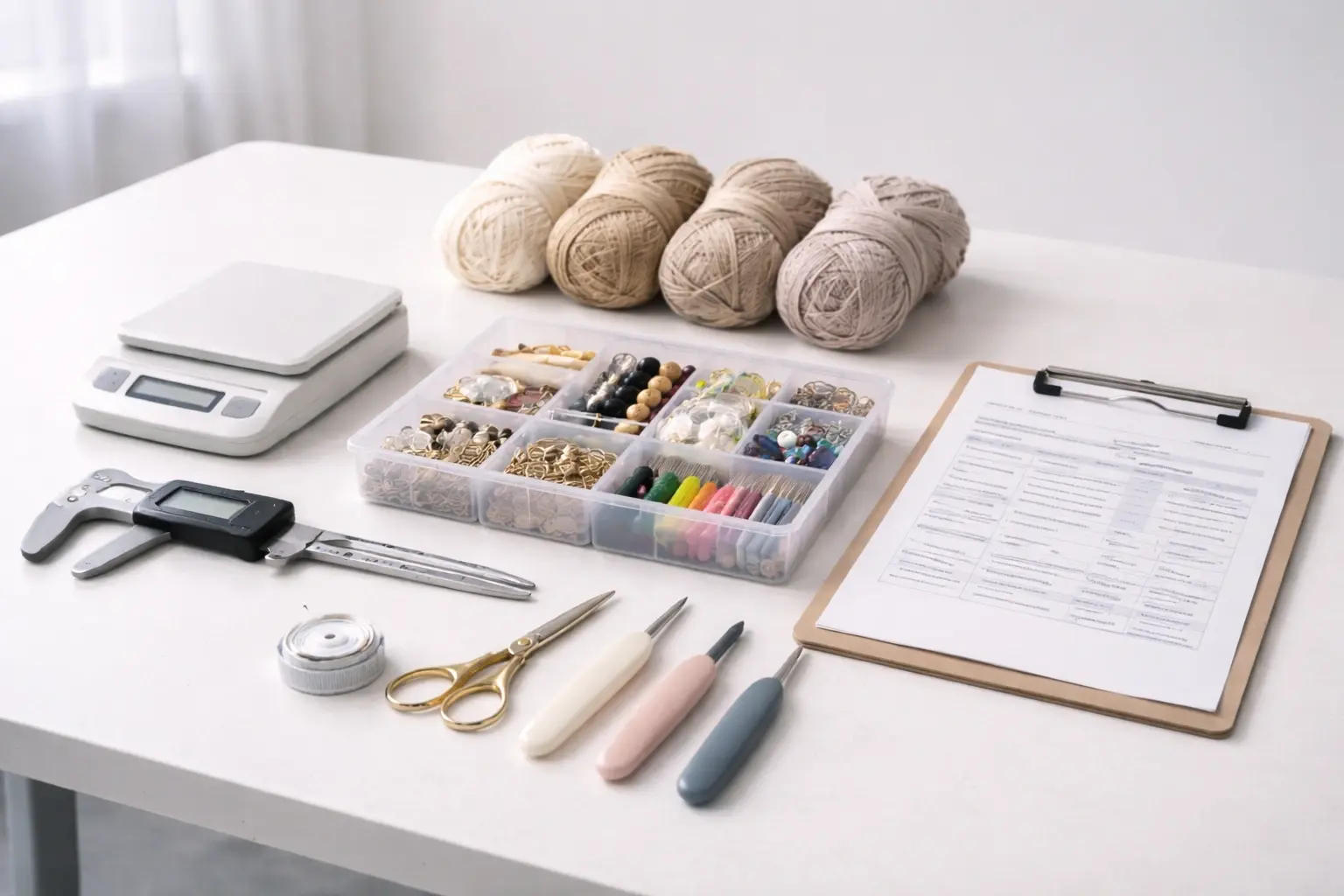 Quality control tools, redacted compliance files, and kit components in a professional manufacturing environment