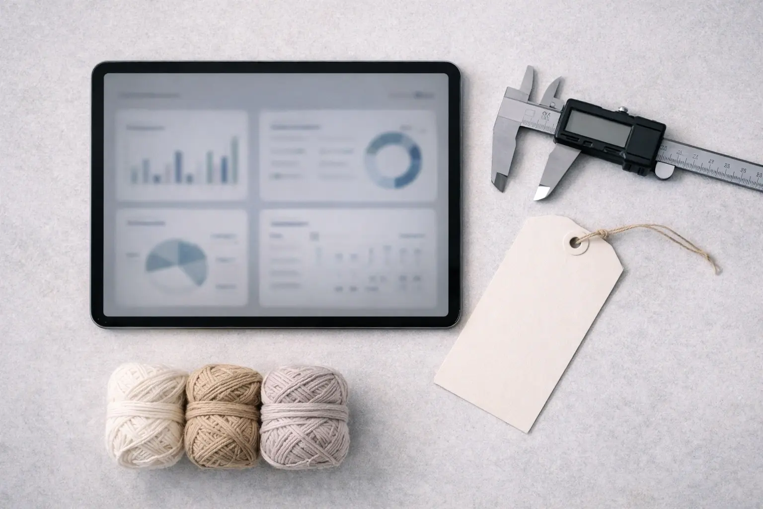 Quality metrics dashboard style flatlay with QC forms, tools, and kit components