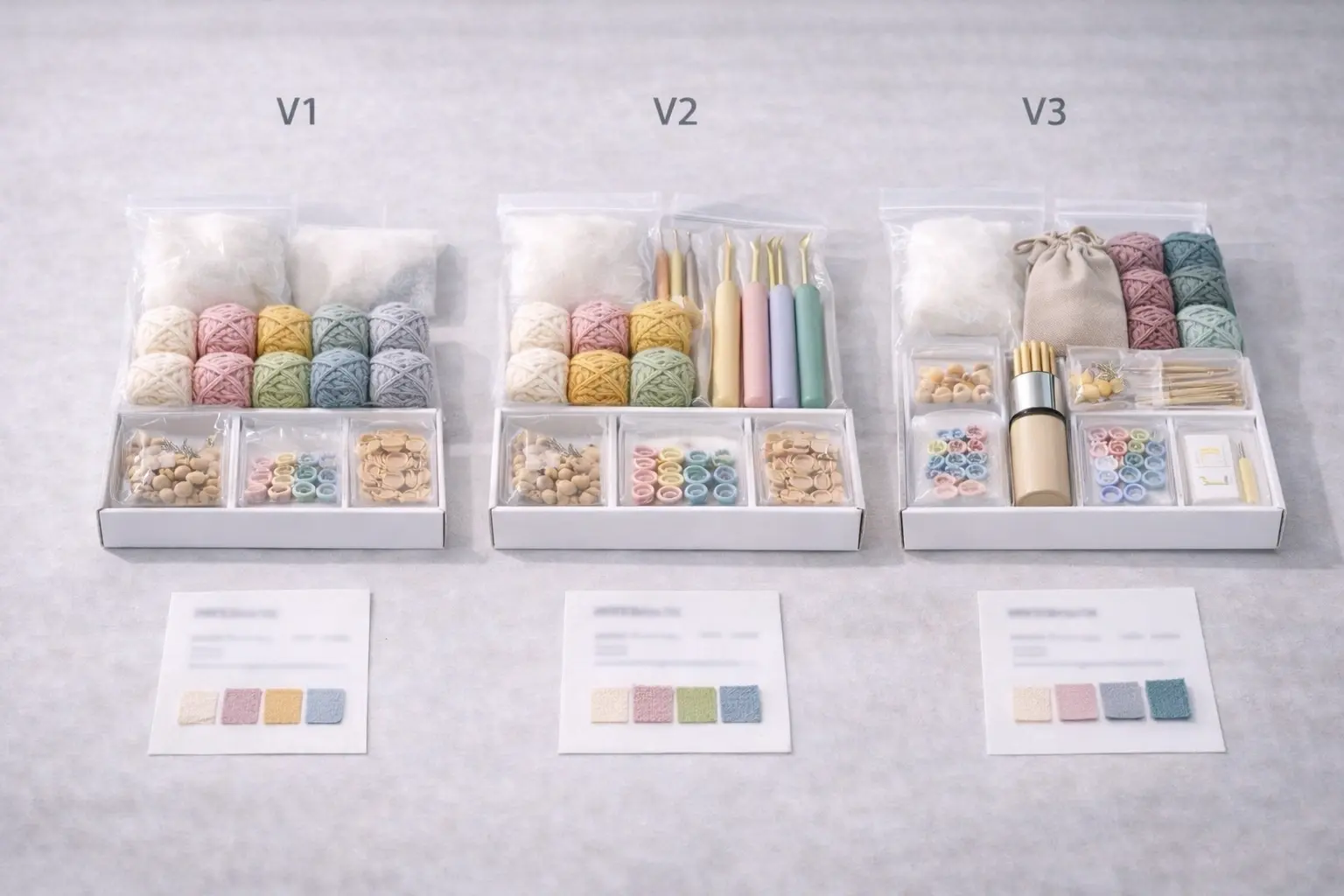 Sample iterations used to validate crochet kit development before production