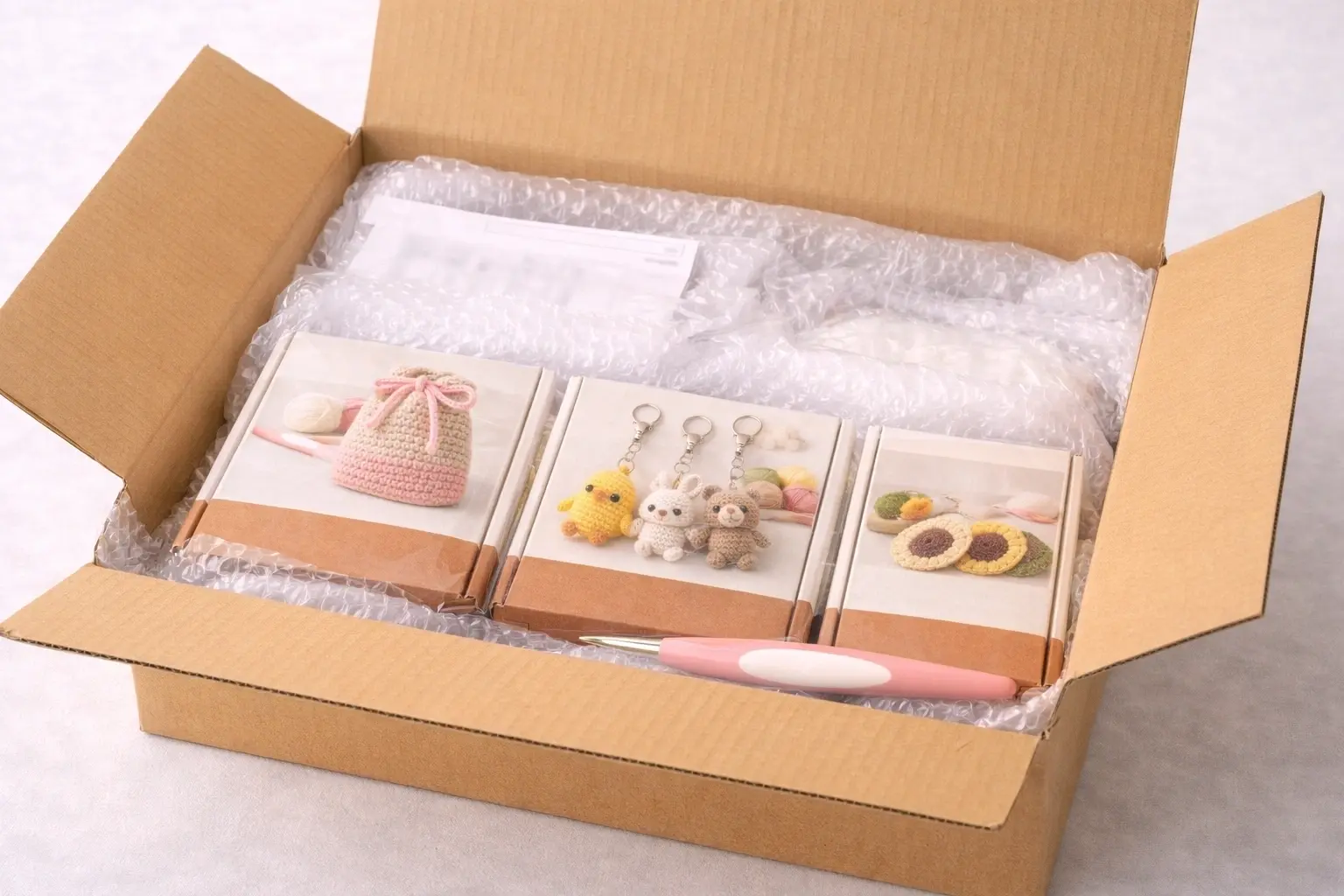 Beginner crochet sample kits prepared for shipping