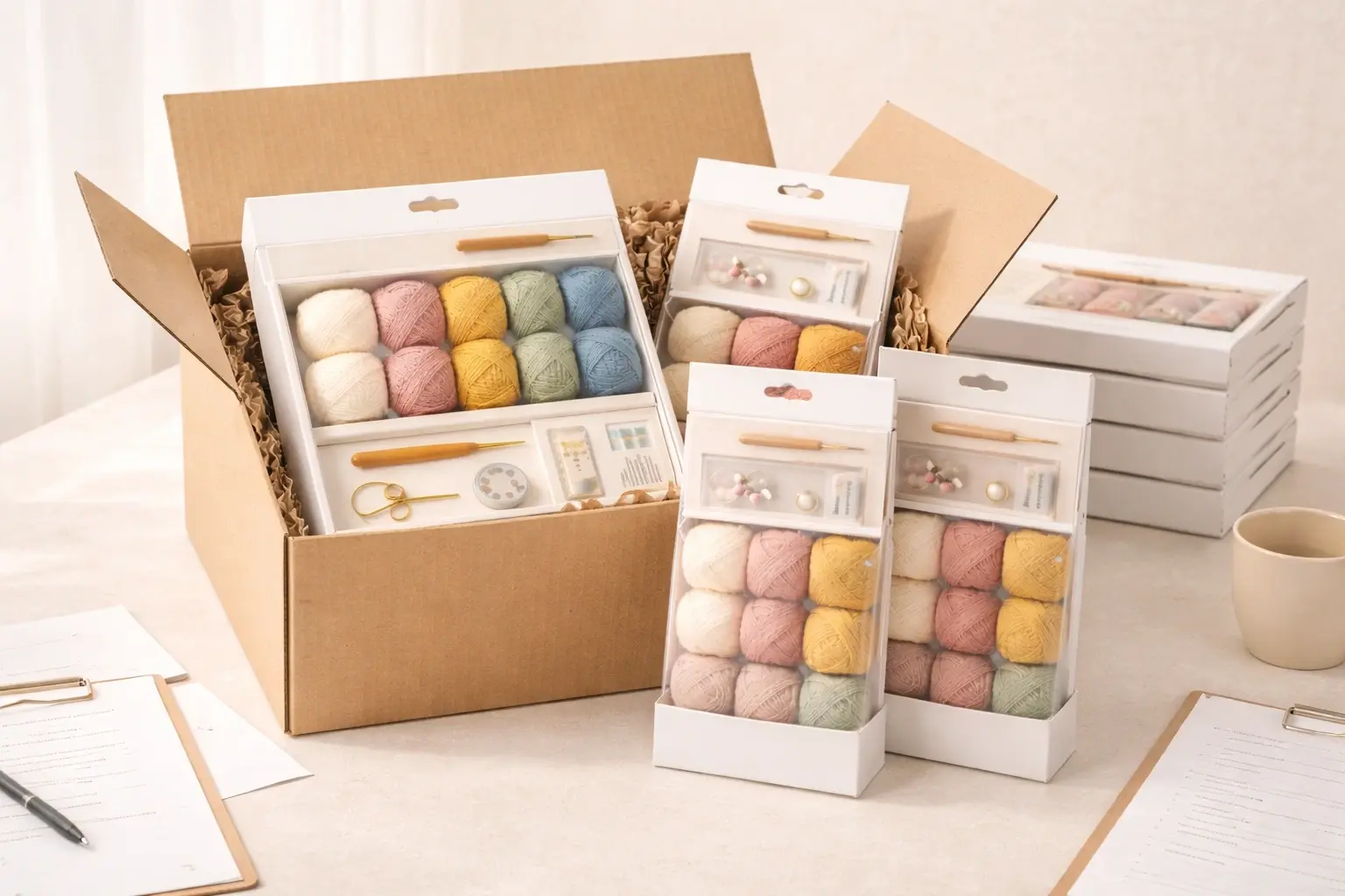 Retail crochet kit sample pack prepared for buyer review