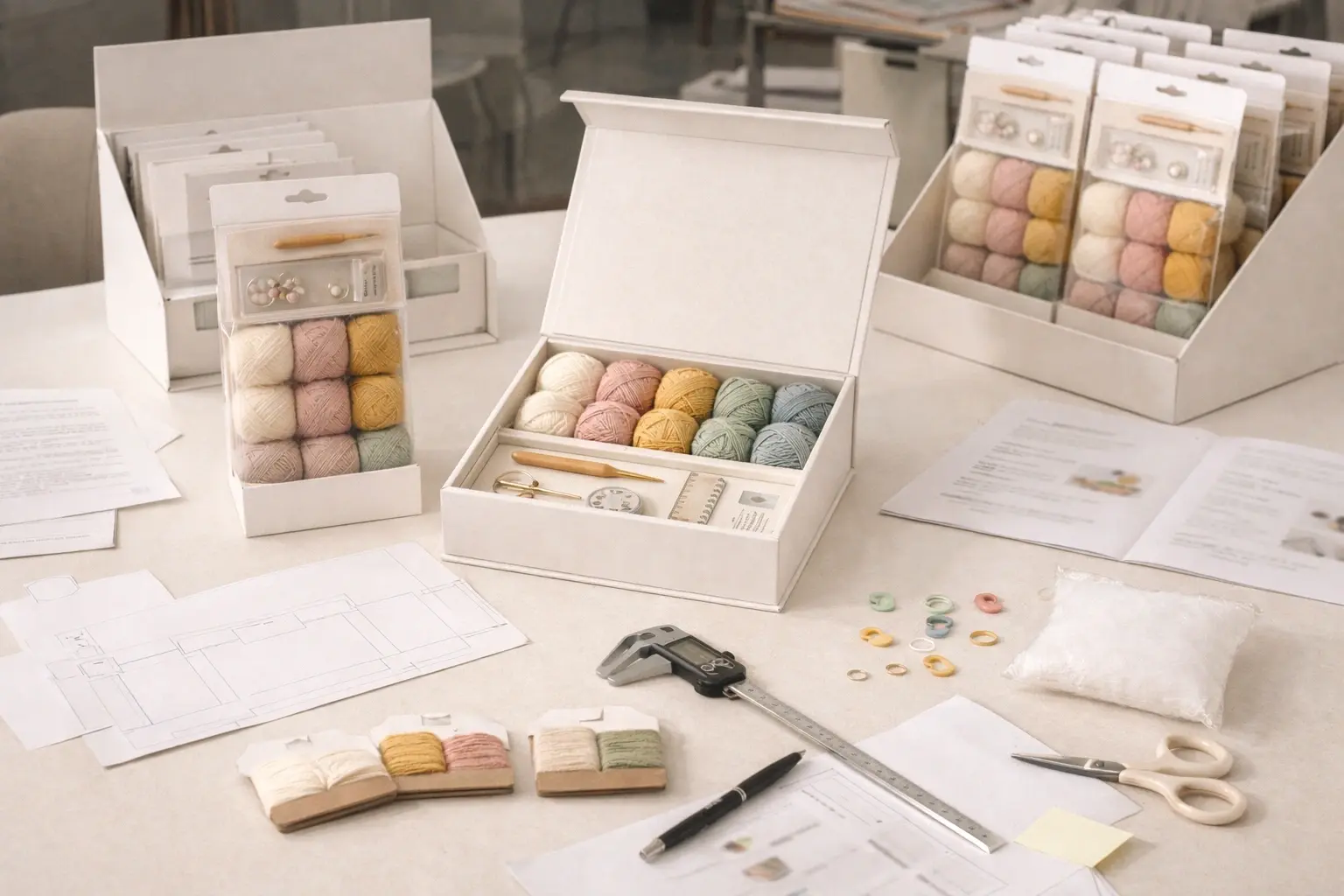 Retail crochet kit sampling workflow with dielines, mockups, and review materials