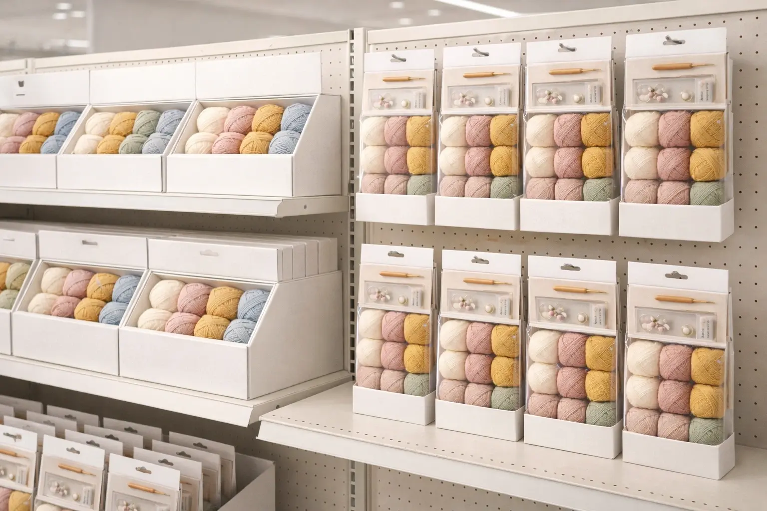 Retail shelf display example for crochet gift kit merchandising