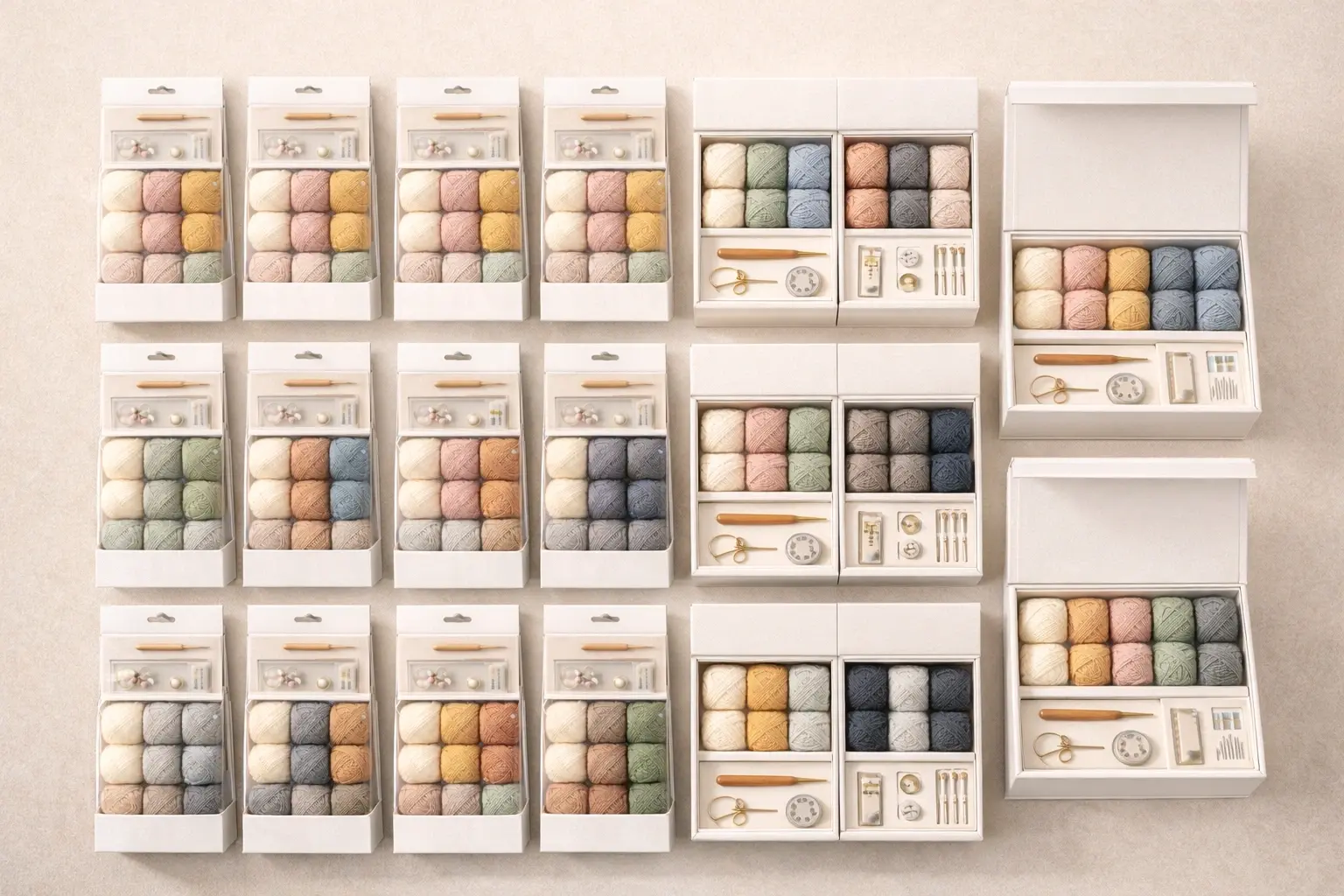 Retail crochet kit assortment organized by theme, difficulty, and price tier