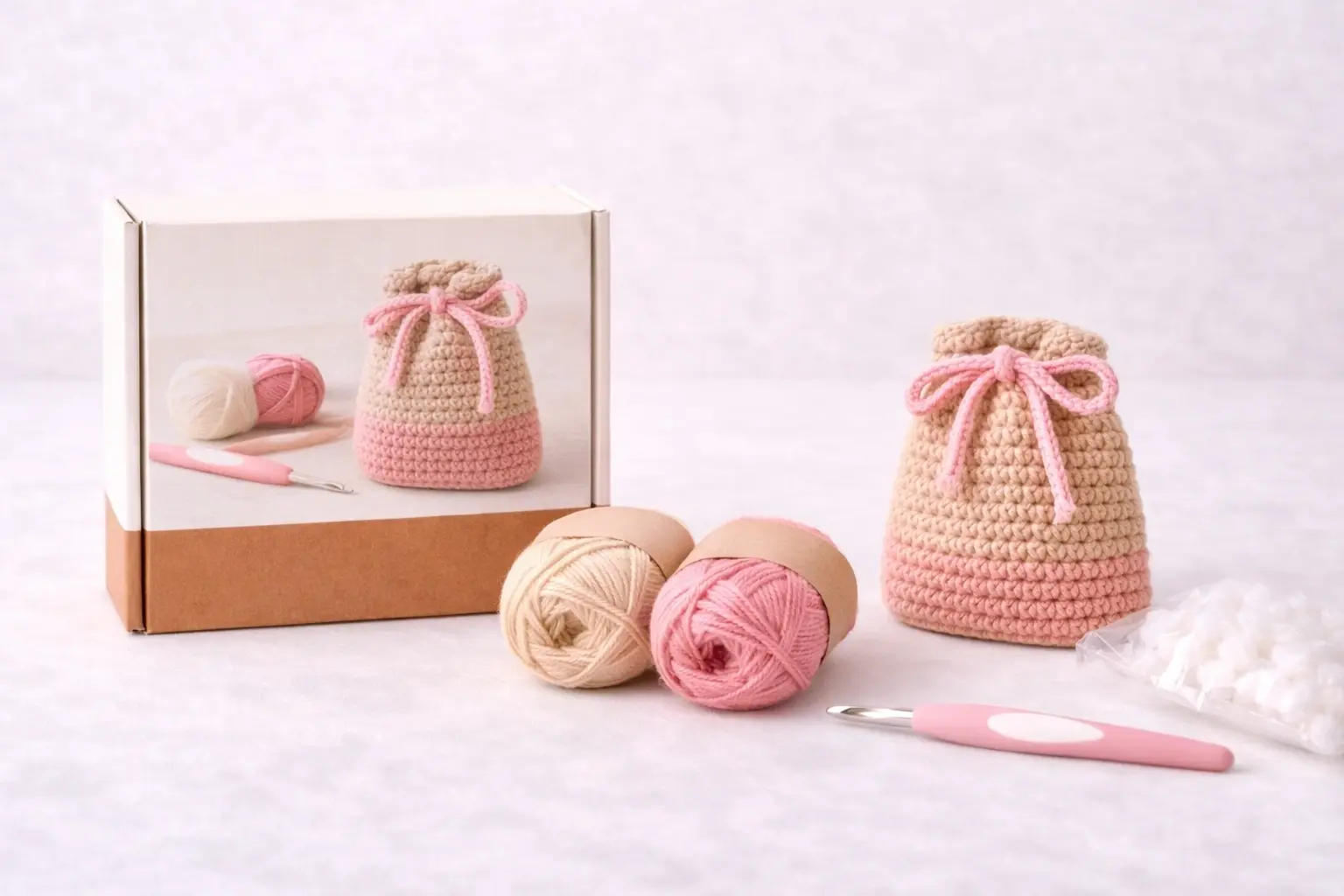 Easy beginner crochet pouch kit for lifestyle retail and DTC bundles