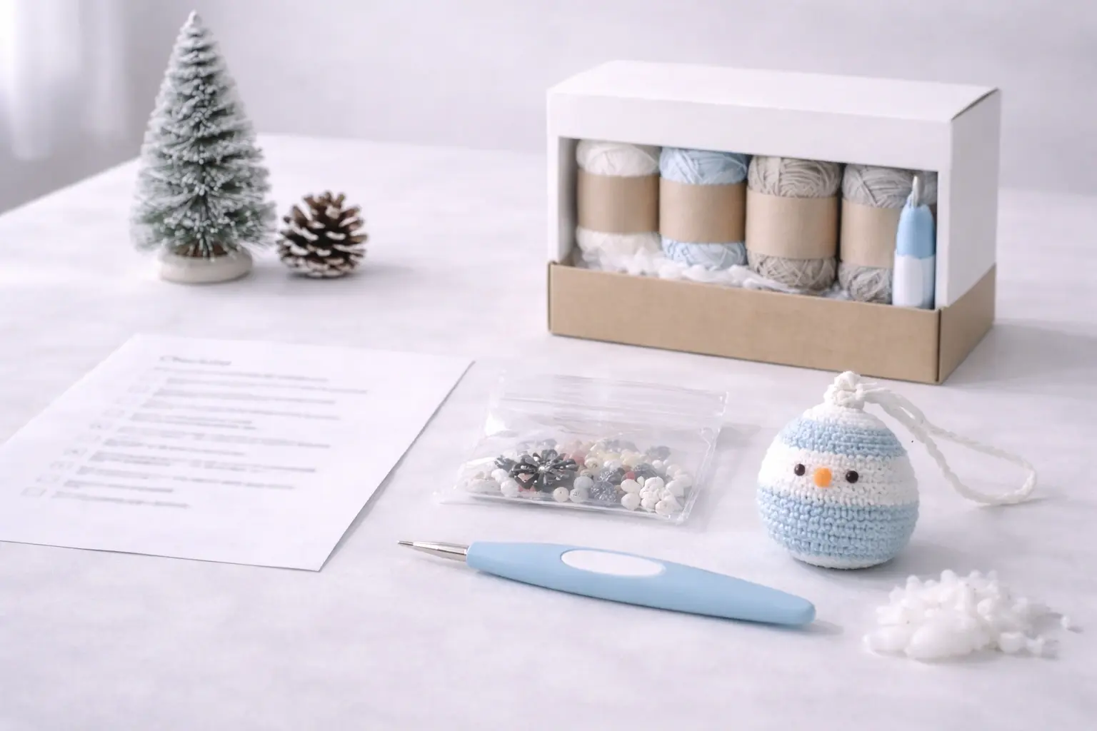 Winter holiday crochet kit collection with retail-ready packaging