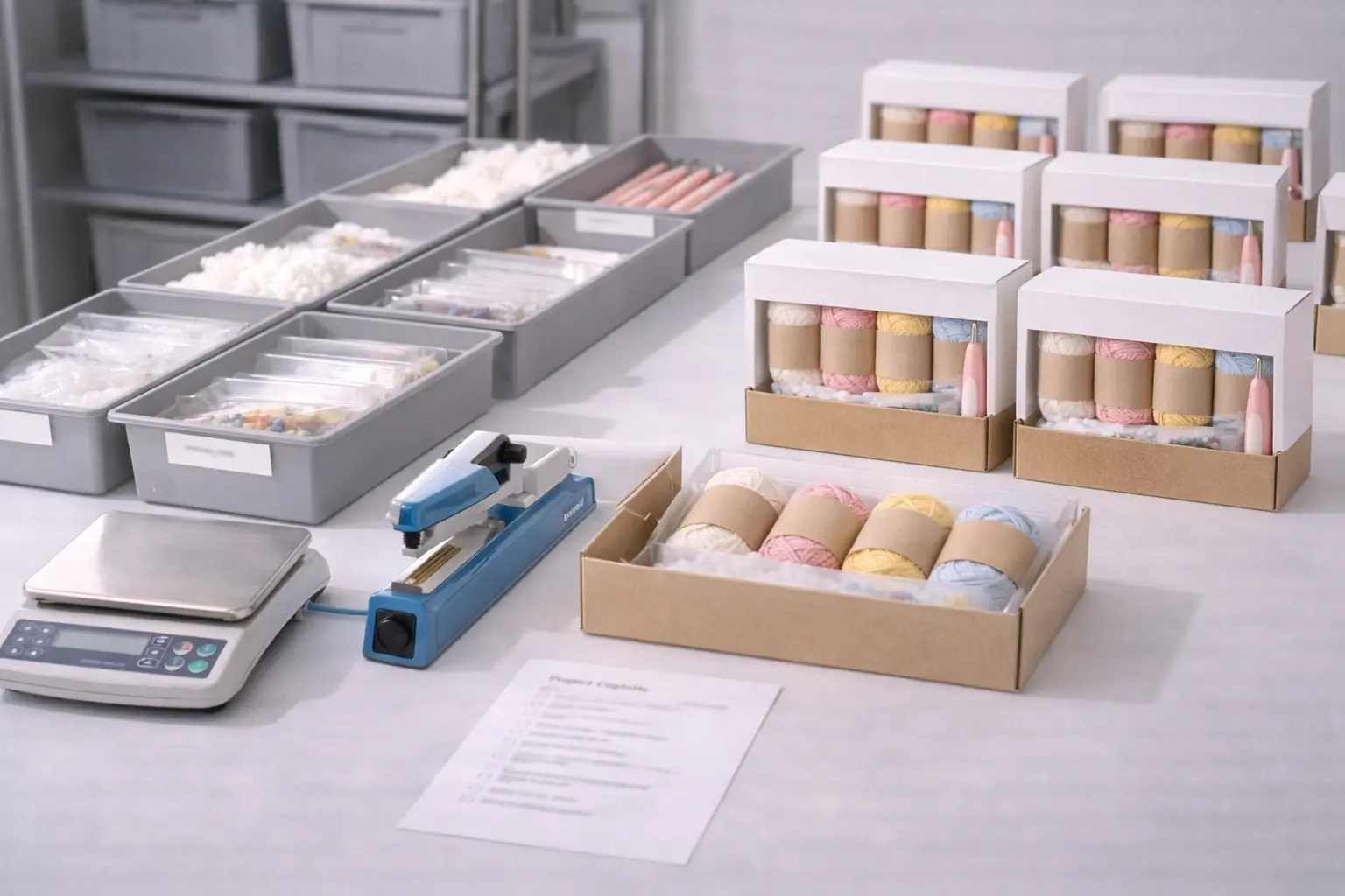 Small-batch crochet kit assembly and packing workstation