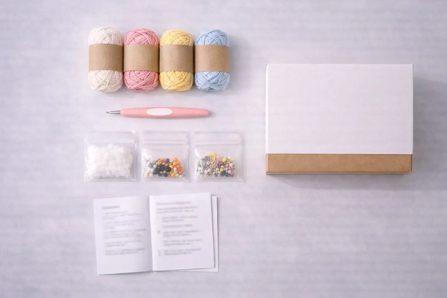 Seasonal crochet kit sample components and packaging mockups