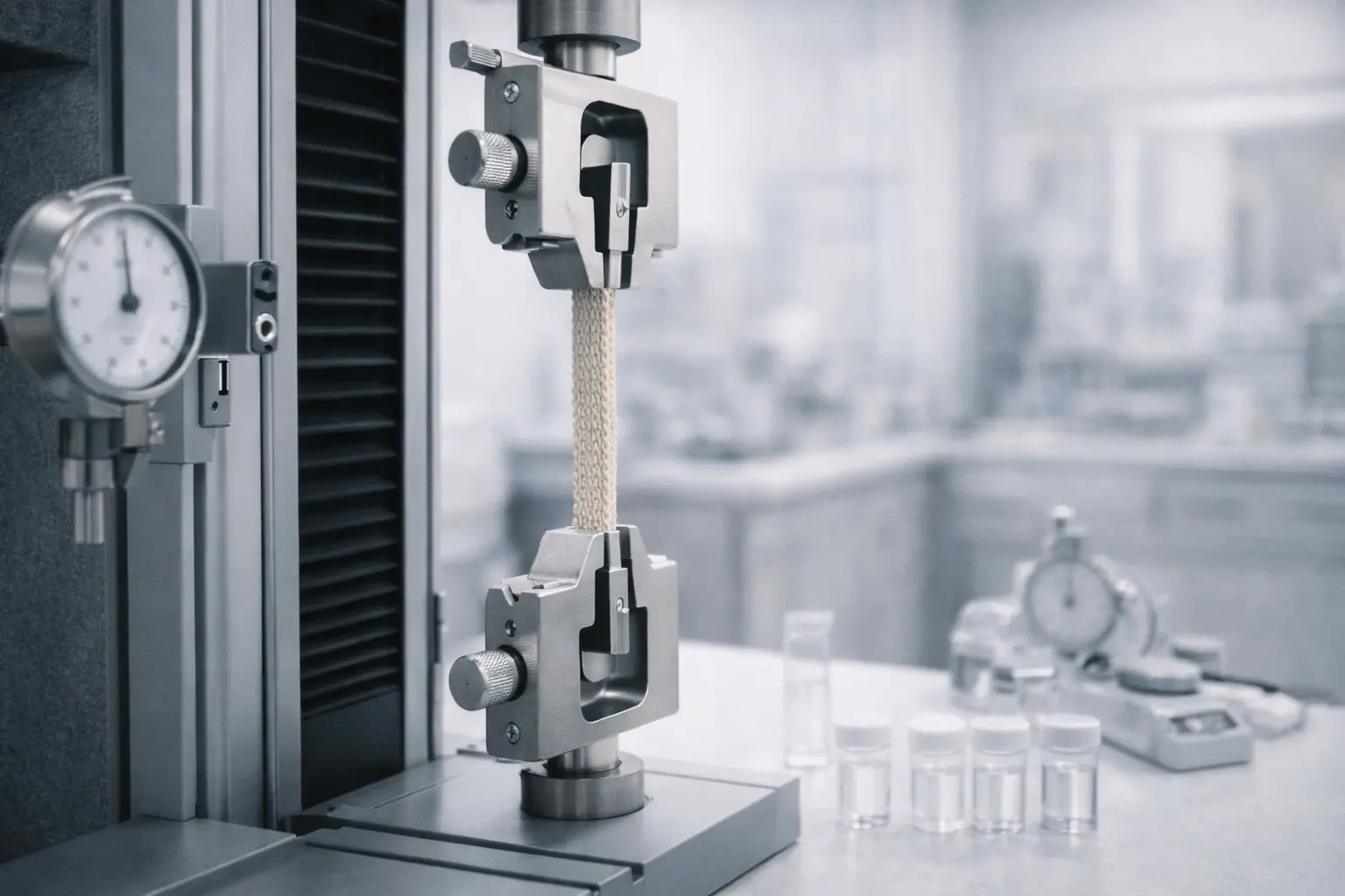 Mechanical strength testing themed image with stitching inspection and measurement tools